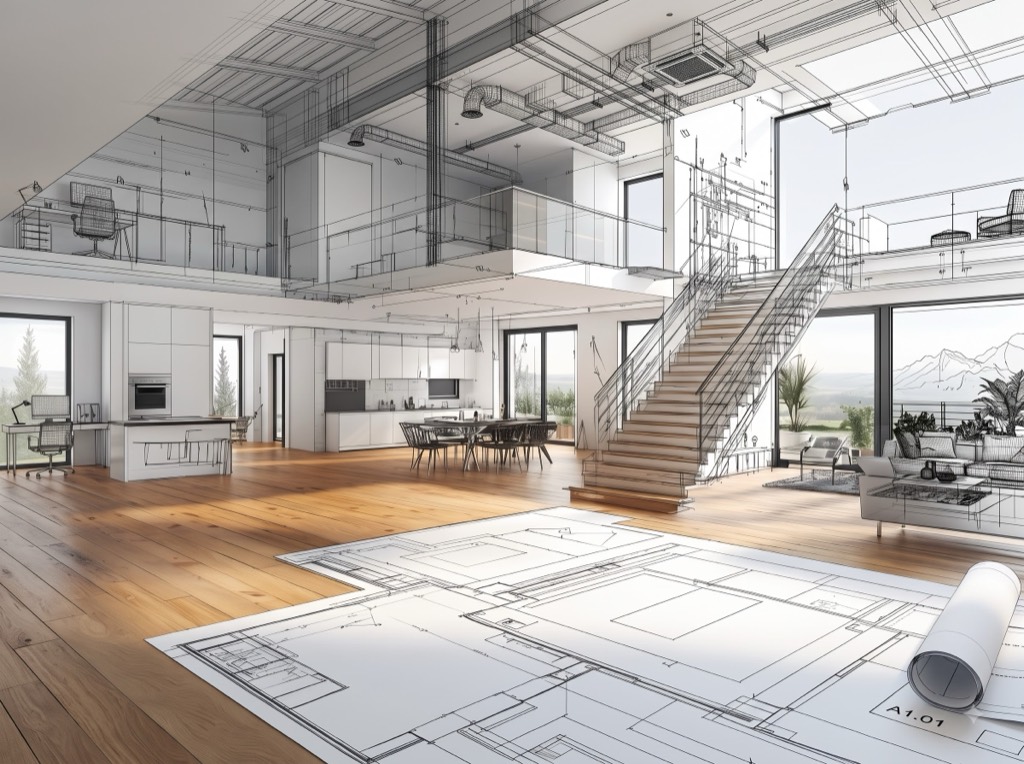 Wireframe interior render of a living space
