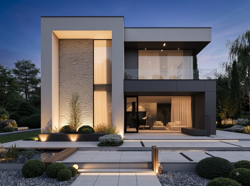 Completed modern residence photographed at blue hour
