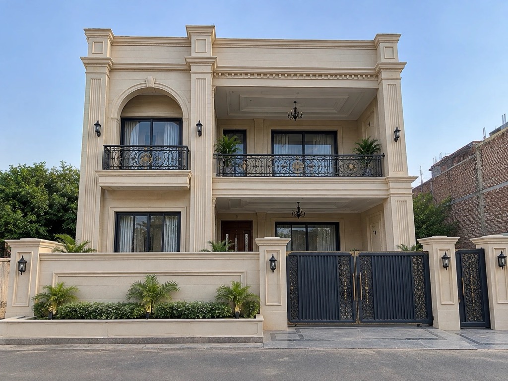 Neoclassical residence in cream stone with ornamental iron balconies